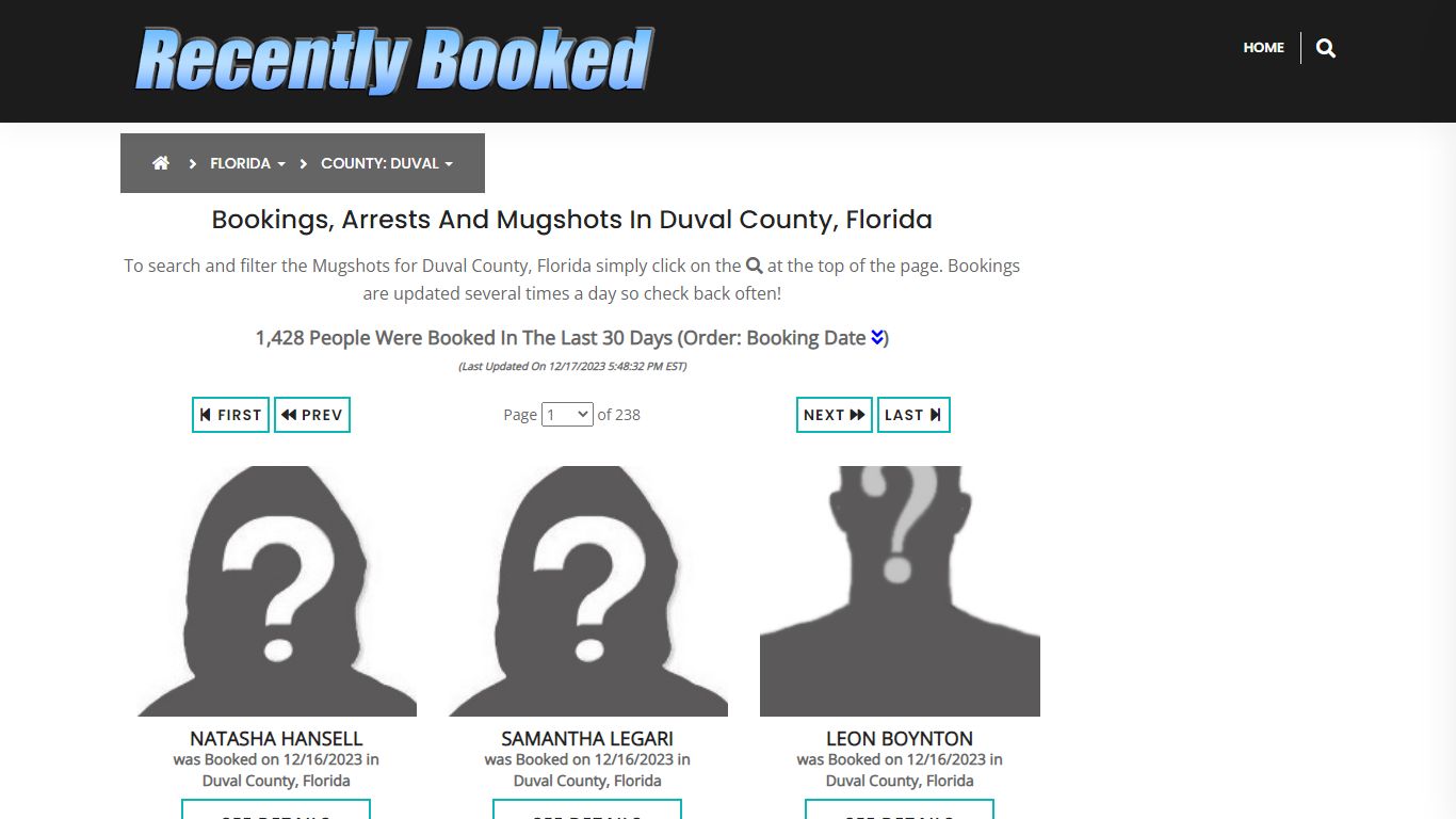 Recent bookings, Arrests, Mugshots in Duval County, Florida